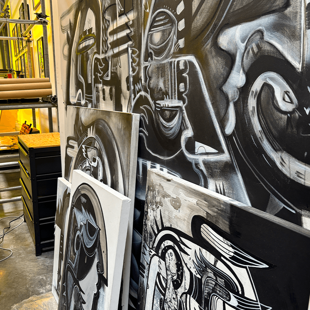 Contemporary artwork at Alserkal Avenue explored by Curtin University Dubai students during a creative industry visit.
