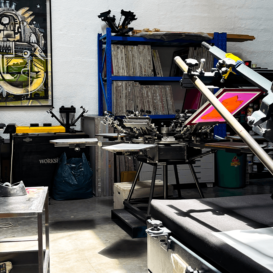 Creative studio and printmaking equipment explored by Curtin University Dubai students during an industry learning experience.