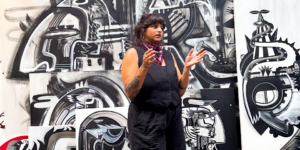 Artist Fathima Mohiuddin sharing her creative practice with Curtin University Dubai students during an industry visit to Dubai's art hub - Alserkal Avenue