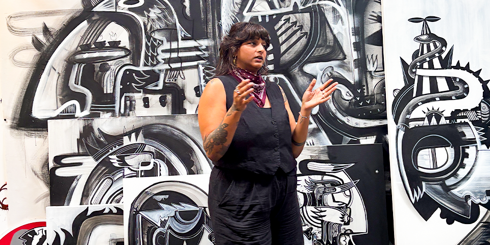 Artist Fathima Mohiuddin sharing her creative practice with Curtin University Dubai students during an industry visit to Dubai's art hub - Alserkal Avenue