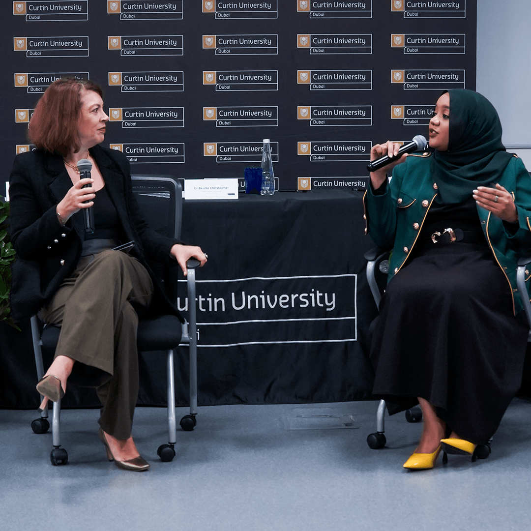 Benedicte Hennebo, Founder of BCB Services, and Chada El Islam Benmahcene, CEO of ENTROG Ventures, in a fireside chat at Curtin Dubai.