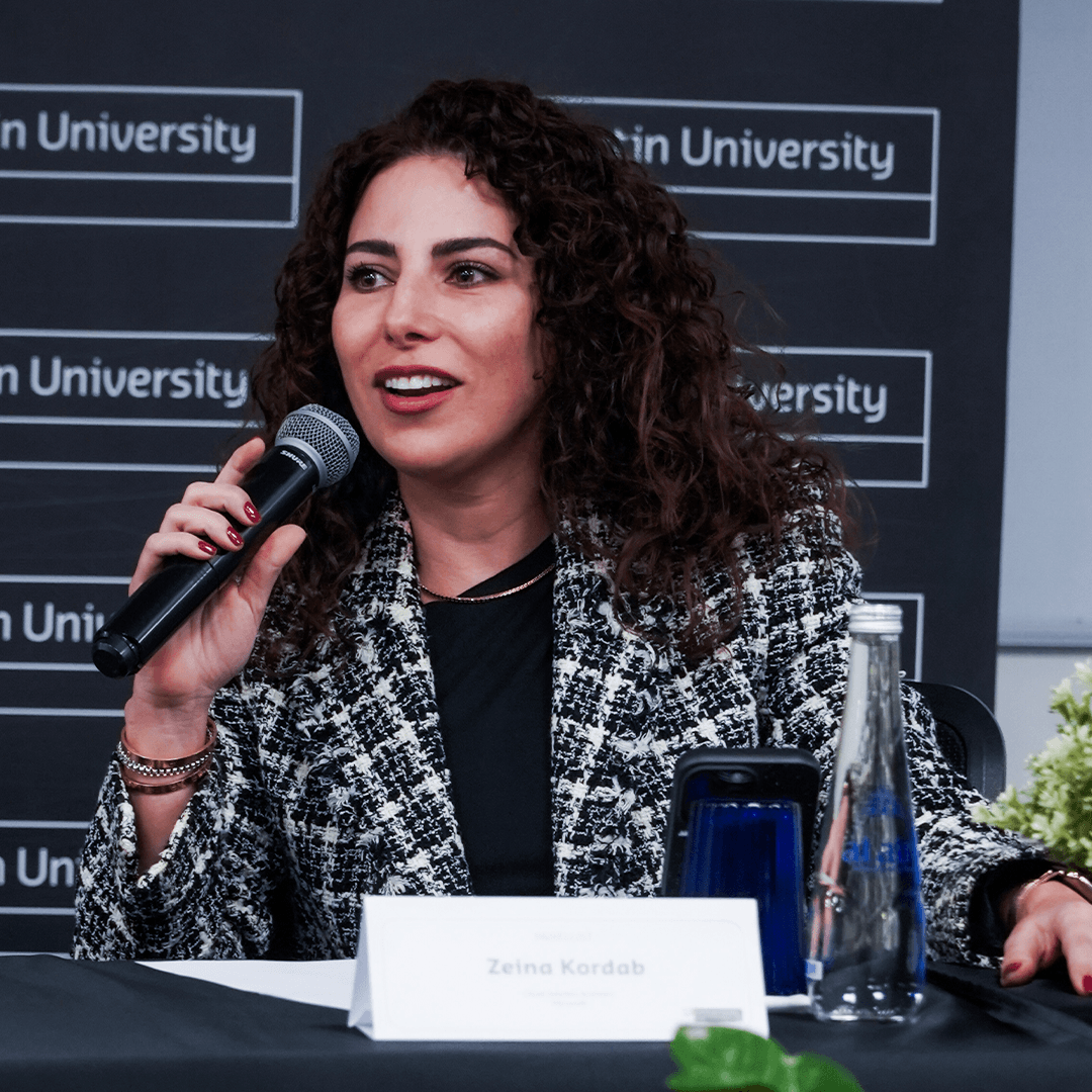 Zeina Kordab, Cloud Solution Architect at Microsoft, speaking on technology careers at the Curtin Dubai Women in STEM Executive Roundtable.