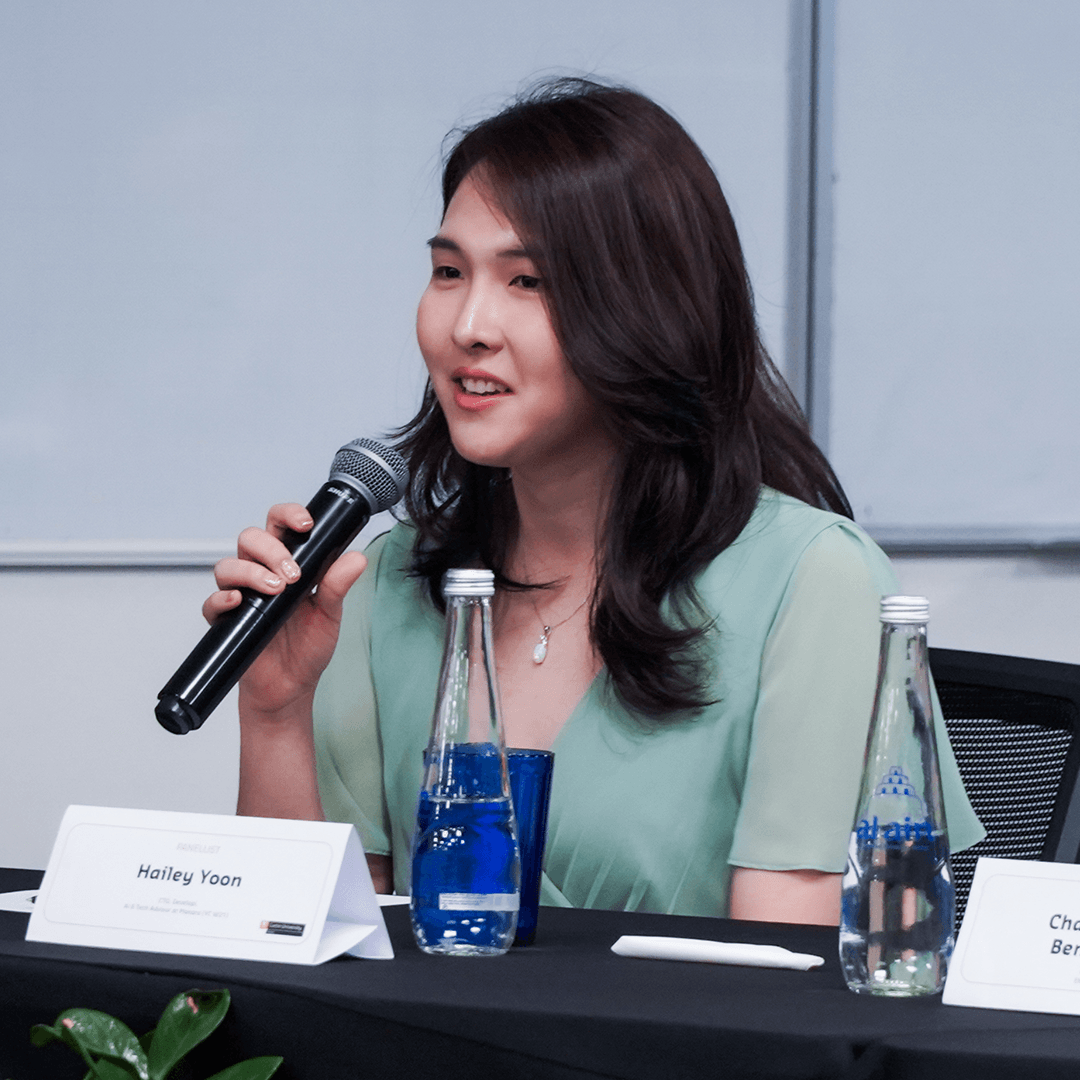 Hailey Yoon, AI and Technology Advisor at Manara and CTO of DevelopL, discussing AI and the future of STEM leadership at Curtin Dubai.