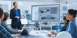 Engineering manager presenting an automotive design to a multidisciplinary team, reflecting the leadership and project management skills developed through a Curti Dubai's Master of Engineering Management.